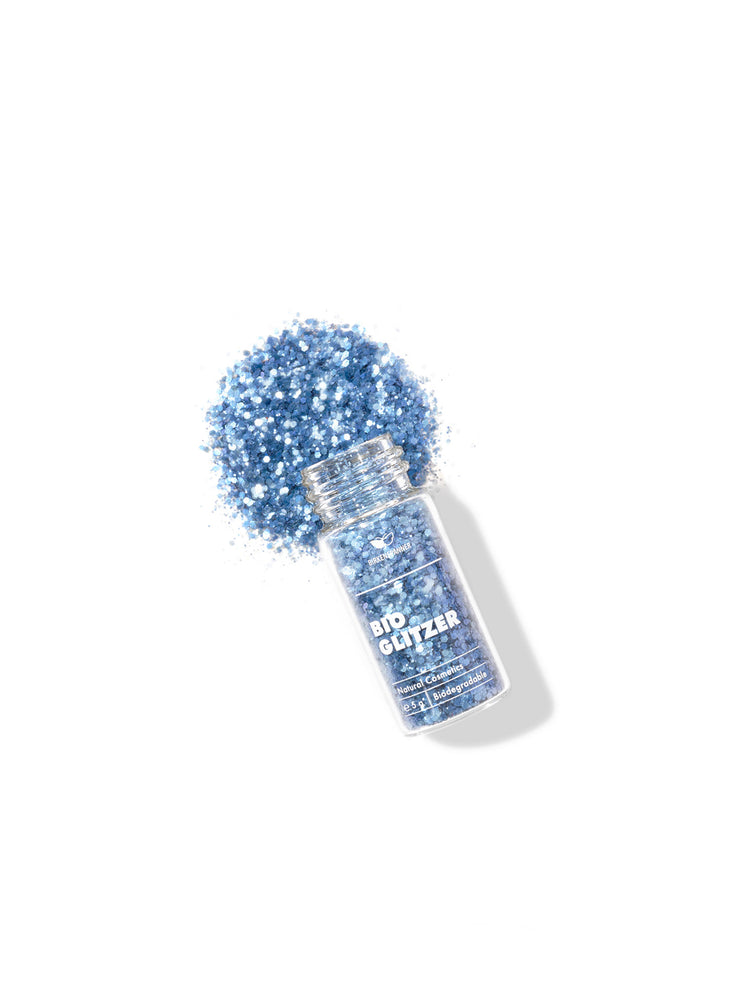 biologisch abbaubarer glitzer Dizzy Dolphin Farbe blau von oben 5 gramm für Gesicht Makeup Naturkosmetik